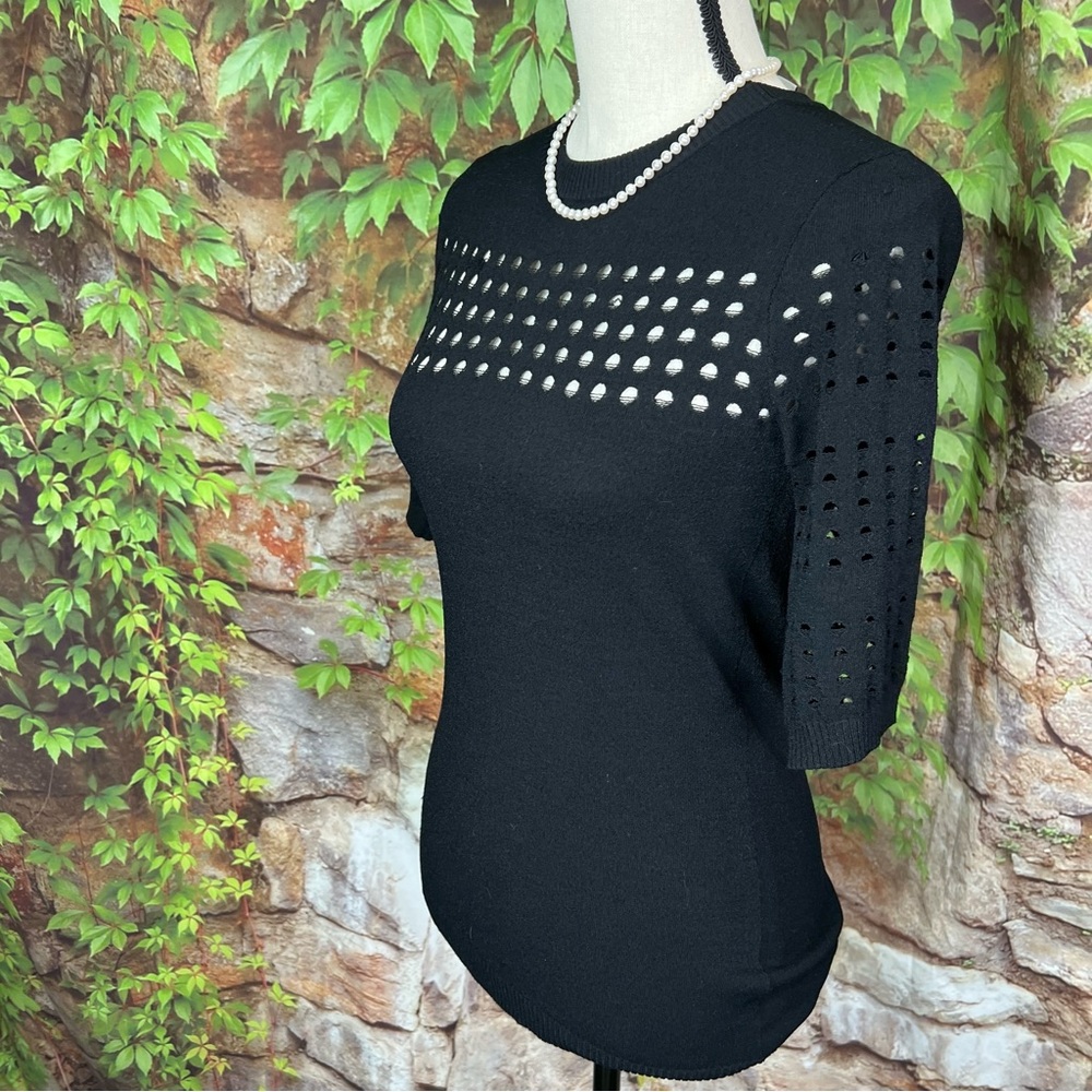 AUTUMN CASHMERE Black Pointelle Short Sleeve Sweater, S - Picture 4 of 10